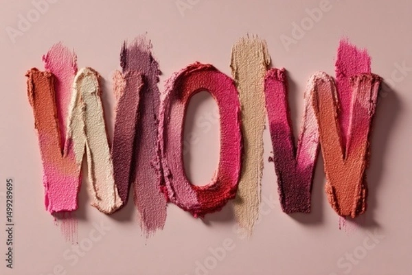 Obraz Colorful makeup powders are arranged artistically to spell the word WOW against a soft pink backdrop, showcasing artistic creativity