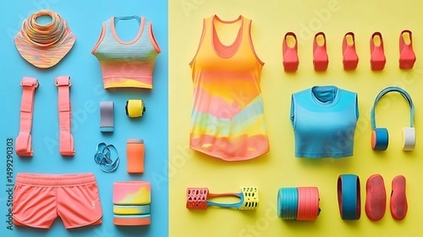 Fototapeta Fitness apparel and accessories arranged brightly with displaying vibrant colors and styles for flat lay capturing energetic activewear and modern workout concept.