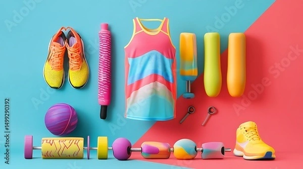 Fototapeta Colorful fitness gear arranged neatly with showcasing vibrant sport equipment and apparel for flat lay capturing energy and active lifestyle in dynamic workout concept.
