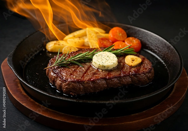 Obraz Sizzling Steak with Garlic Butter in Cast Iron – High-Contrast Gourmet Close-Up
