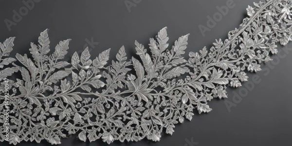 Fototapeta Luxury silver leaf lace trim, rich texture  Intricate detailing, elegant shine ,  bridal,  metal