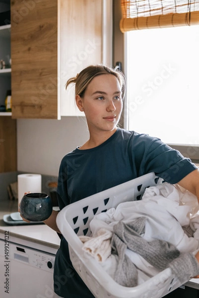 Obraz Young woman drying laundry on balcony during slow morning at home. Real moment, Gen Z lifestyle, sustainability, calm domestic routine, mindful living, eco-conscious habits, natural light.