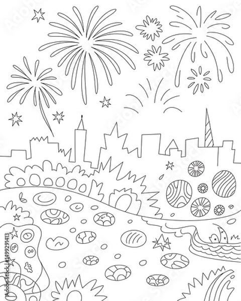 Obraz Artistic black and white illustration featuring fireworks exploding above a cityscape celebration for special occasions
