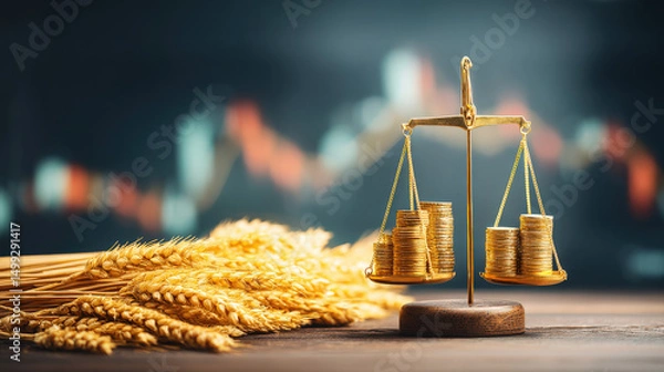 Obraz Golden scale balancing coins and wheat on white surface, symbolizing economic stability versus inflation, financial crisis and money value concept.