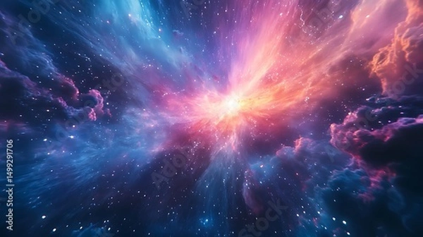 Fototapeta Cosmic nebula unfolds brilliantly with vibrant hues and scattered starlight for journey through starscapes capturing wonder and depth in celestial exploration concept.