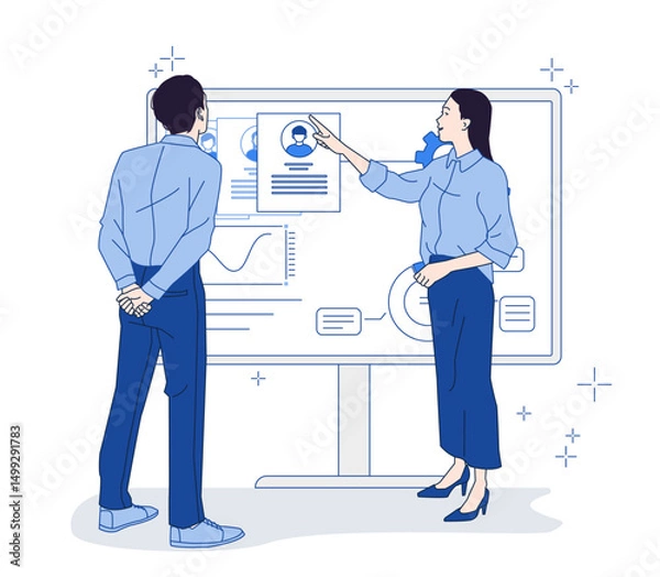 Fototapeta Office professionals analyzing candidate profiles on large screen with charts and documents, in flat graphic style, on white background. Concept of recruitment, human resources. Vector illustration