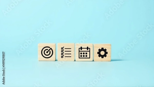 Fototapeta Wooden blocks with target, list, calendar and gear icons.