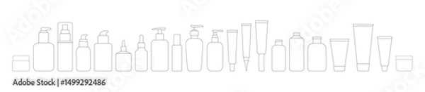 Fototapeta Shampoo and Skincare Bottle Icon Set. Vector Line Silhouettes of Cosmetic Containers, Jars, Tubes and Pumps