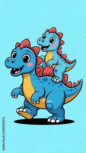 Fototapeta Adorable Cartoon Stegosaurus Family with Baby Riding on Back Generative AI
