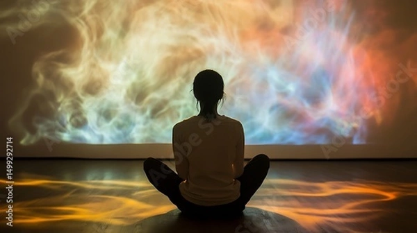 Fototapeta Woman meditates calmly with illuminated focus and stillness for abstract nebula projection capturing inner peace and cosmic connection in surreal mindfulness concept.