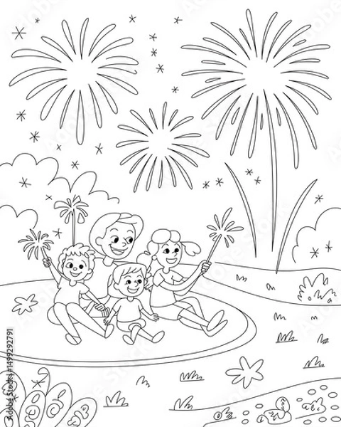 Obraz Family celebrates independence day fireworks display with sparklers and joy in a fun illustration
