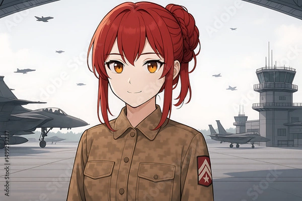 Fototapeta Confident anime female soldier with red hair in camouflage military uniform stands on an airbase surrounded by fighter jets and control towers, capturing the essence of modern military aviation