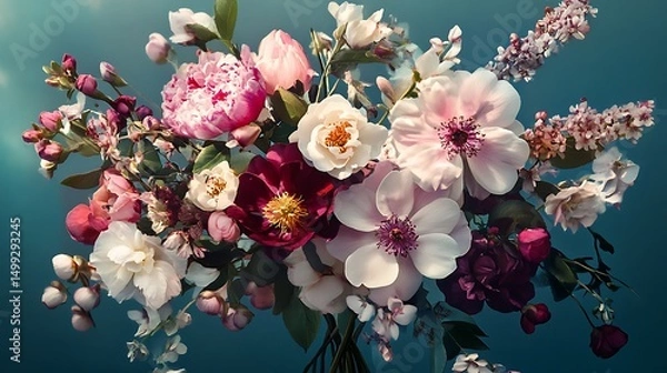 Fototapeta Bouquet of pink white and burgundy blooms arranged elegantly with showcasing rich texture and color for luxurious floral display capturing beauty and romance in botanical concept.