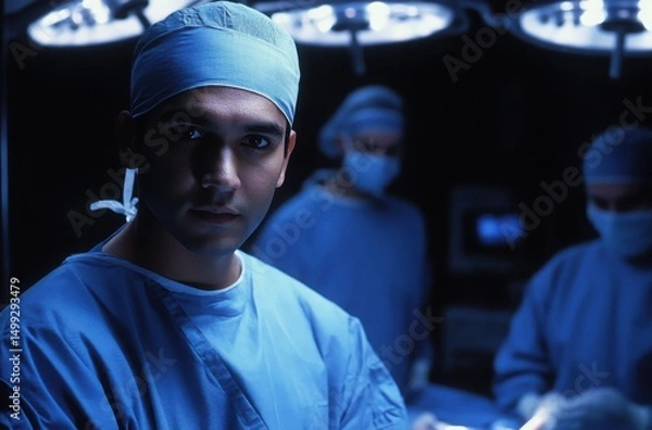 Fototapeta Focused Indian surgeon, crisp blue scrubs, studio-quality soft lighting with a hint of rim light