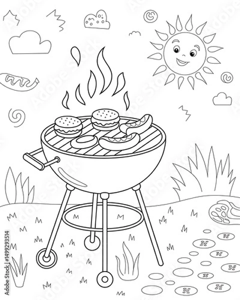 Obraz Bbq grill illustration with burgers and sausages sun smiling clouds summer time coloring page for children fourth of july concept