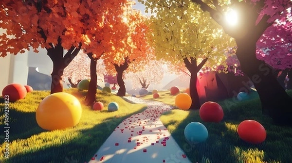 Fototapeta Colorful path winds gently with glowing leaves and rich tones for vibrant autumnal dreamland capturing fantasy forest beauty and seasonal wonder in magical nature concept.