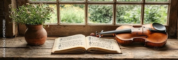 Fototapeta Rustic windowsill with violin, music book, and wildflowers