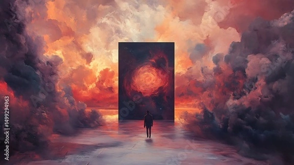 Fototapeta Solitary figure contemplates quietly with facing celestial portal and swirling skies for surreal scene capturing mystery and transcendence in dramatic atmospheric concept.