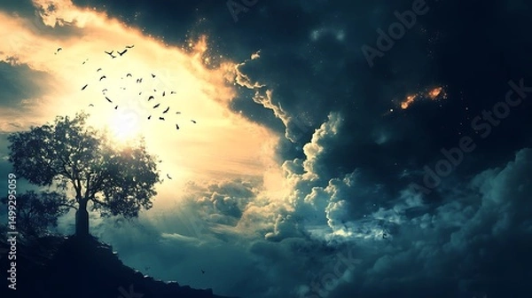 Fototapeta Solitary tree stands boldly with silhouetted grace and stillness for surreal sunset landscape beneath dramatic cloudscape capturing nature’s power and poetic isolation concept.