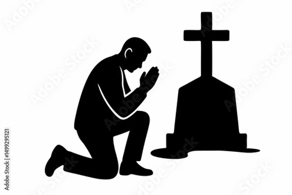 Obraz Man kneeling in prayer beside gravestone representing Veterans Day  