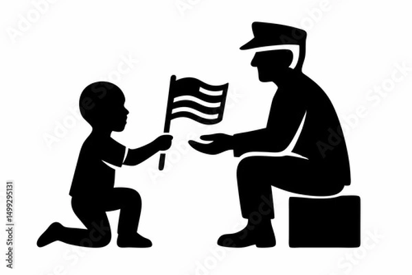 Obraz Child presenting American flag to soldier in honor of Veterans Day  