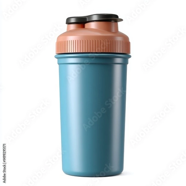 Fototapeta Innovative Protein Shaker Bottle with Dual Snap-on Compartments in Icy Blue and Coral, Side Locking Clips for Fitness and Sports, Photorealistic Design on White Background