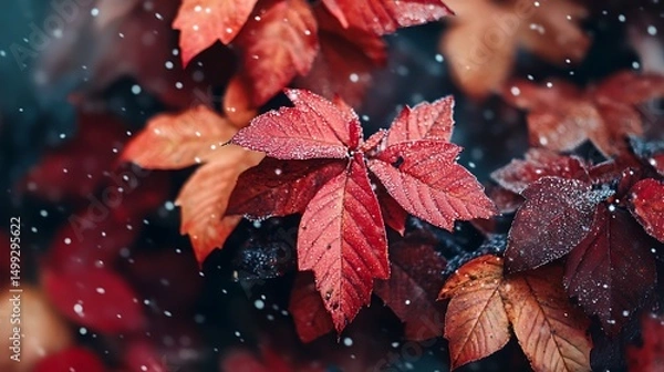 Fototapeta Red leaves drift gently with contrasting warmth and stillness for autumnal serenity in falling snow capturing quiet beauty and seasonal transition in nature concept.