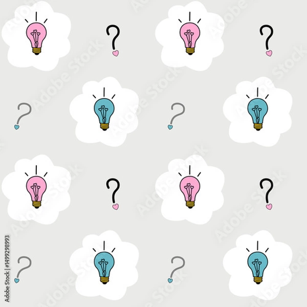 Fototapeta Vector seamless pattern with blue and pink heart light bulbs and question marks on a light background. Ideal for gender reveal events and baby shower designs.