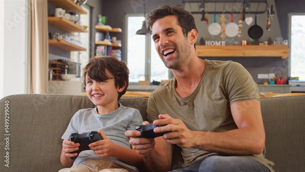Obraz Father And Son Sitting On Sofa In Lounge At Home Playing Video Game