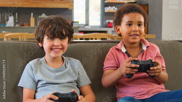 Obraz Two Young Boys Sitting On Sofa At Home Playing Computer Game Together