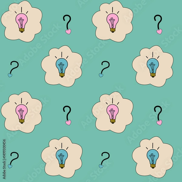 Fototapeta Cute seamless pattern with pink and blue light bulbs, question marks, and hearts on mint background. Great for gender reveal, baby shower, and nursery design.