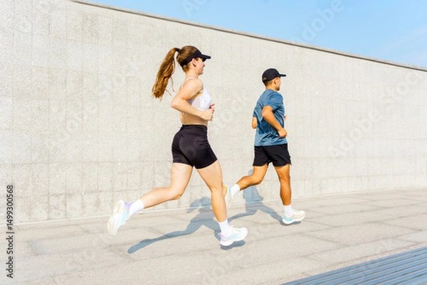 Obraz Fitness enthusiasts enjoy a vibrant jog in a modern urban setting under a clear blue sky at midday