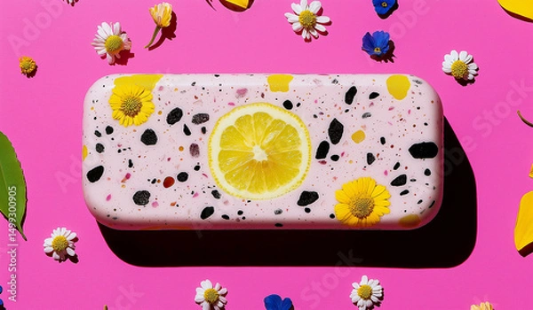 Obraz Lemon soap with terrazzo texture – floral summer flat lay for natural skincare branding. Minimal concept on vibrant pink background.