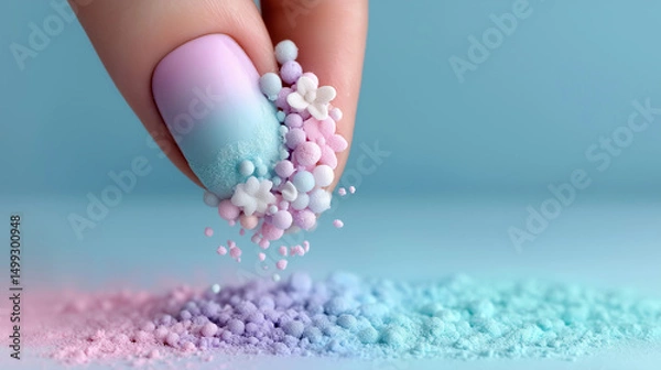 Obraz Closeup of reamy gradient pastel manicure with sugar pearls and flowers – candy macro aesthetic for spring beauty design.