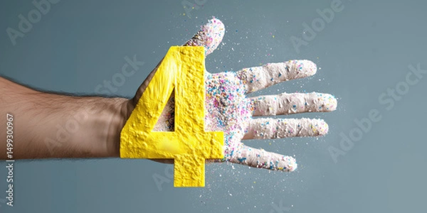 Obraz Painted male hand with number four and colorful powder explosion – dynamic concept for countdown design.