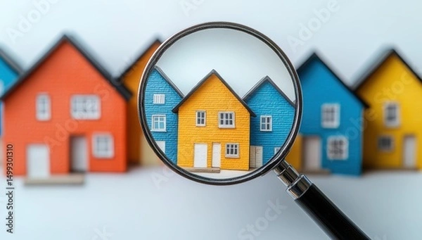 Fototapeta Colorful miniature houses viewed through a magnifying glass, symbolizing real estate exploration and investment in a vibrant market
