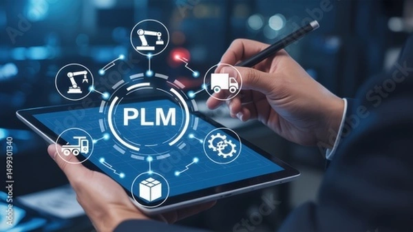 Fototapeta Person interacting with a digital product lifecycle management system on a tablet.