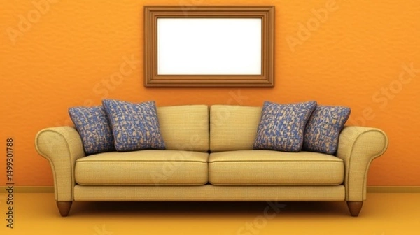 Obraz Wide wall picture frame centered above a sofa in a modern interior scene with clean, warm tones