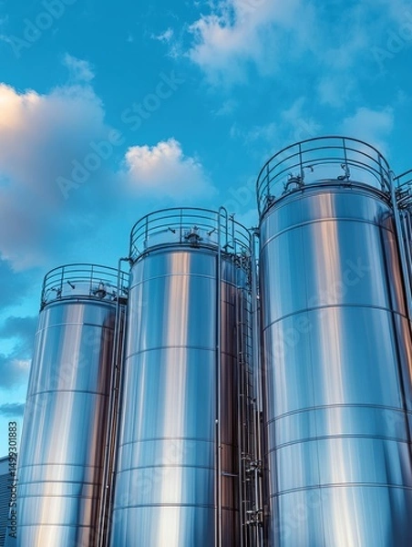 Fototapeta Industrial metal silos against a vibrant blue sky at sunset highlighting the textures and reflections on the surface