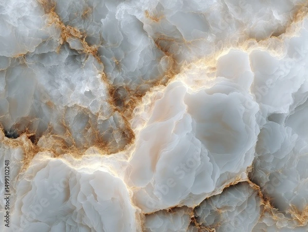 Fototapeta Abstract close-up of marble texture with white, grey, and gold veining, resembling clouds or minerals.