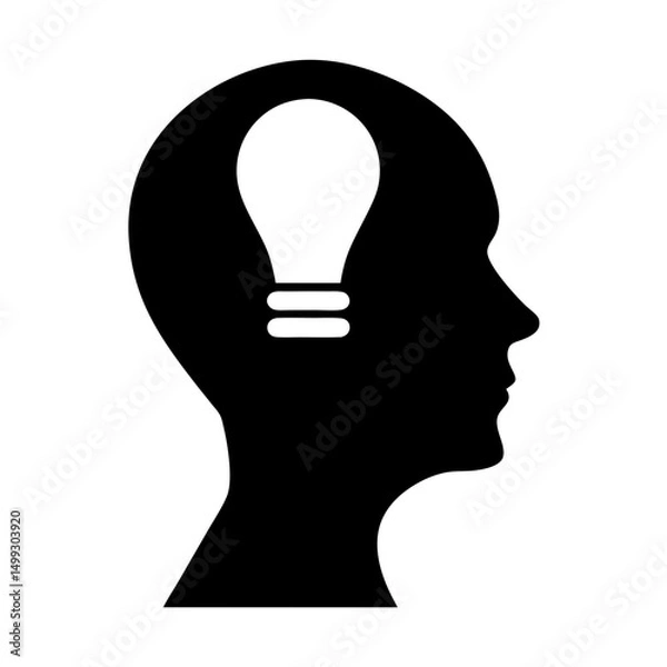 Fototapeta Creative mind with bright idea represented by lightbulb in head silhouette