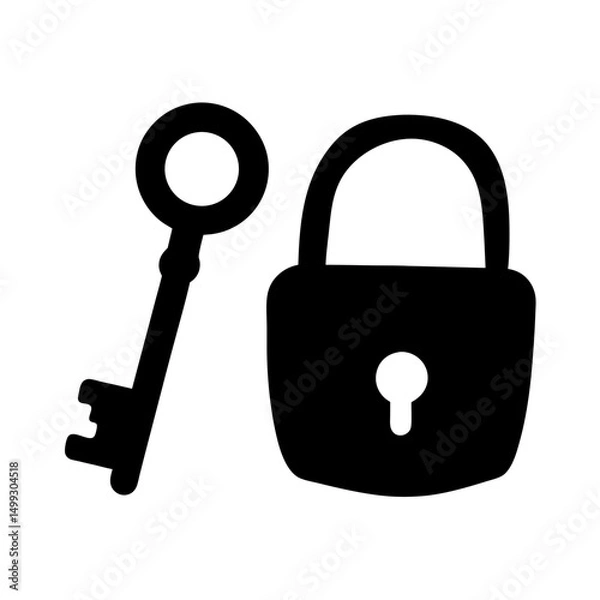 Fototapeta A single key and a padlock in stark black and white silhouette