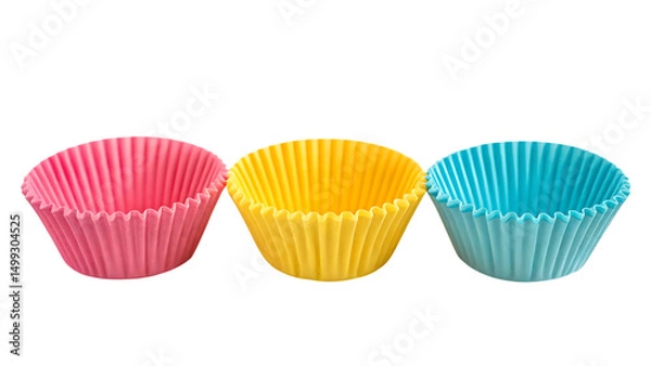 Fototapeta Colorful cupcake liners: pink, yellow, and blue baking cups on transparent background