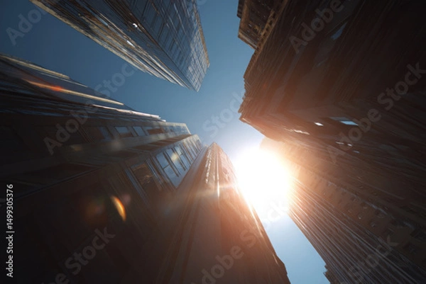 Fototapeta Looking up at buildings, feeling awe as sun shines, highlighting architecture