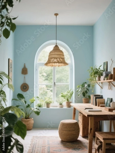 Fototapeta A cozy home office with a large arched window and various plants