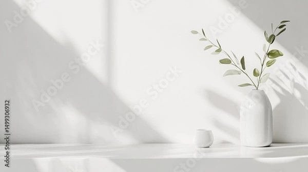 Fototapeta Minimalist white background  with plant in a vase on the table