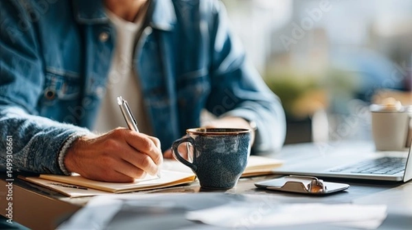 Fototapeta Young entrepreneur working with notebook and coffee