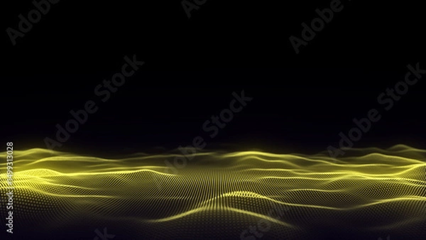 Fototapeta Futuristic technology wave. Digital cyberspace. Abstract wave with moving particles on background. Big data analytics. 3d rendering.