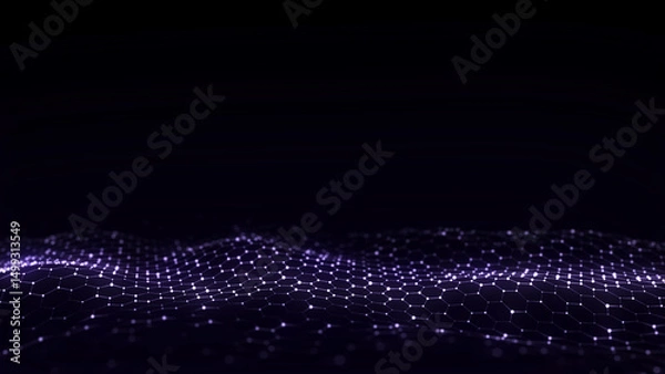 Fototapeta Futuristic hexagon wave. Dark cyberspace. Abstract wave with dots and line. Blue moving particles on background. 3d rendering.
