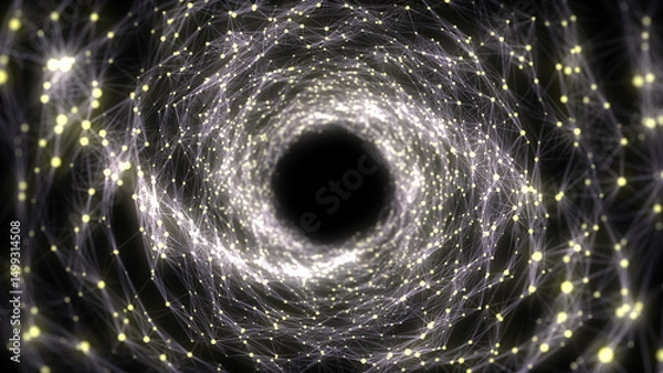 Fototapeta Abstract wireframe tunnel. Science wormhole. 3D portal grid. Futuristic fantasy funnel. 3d rendering.